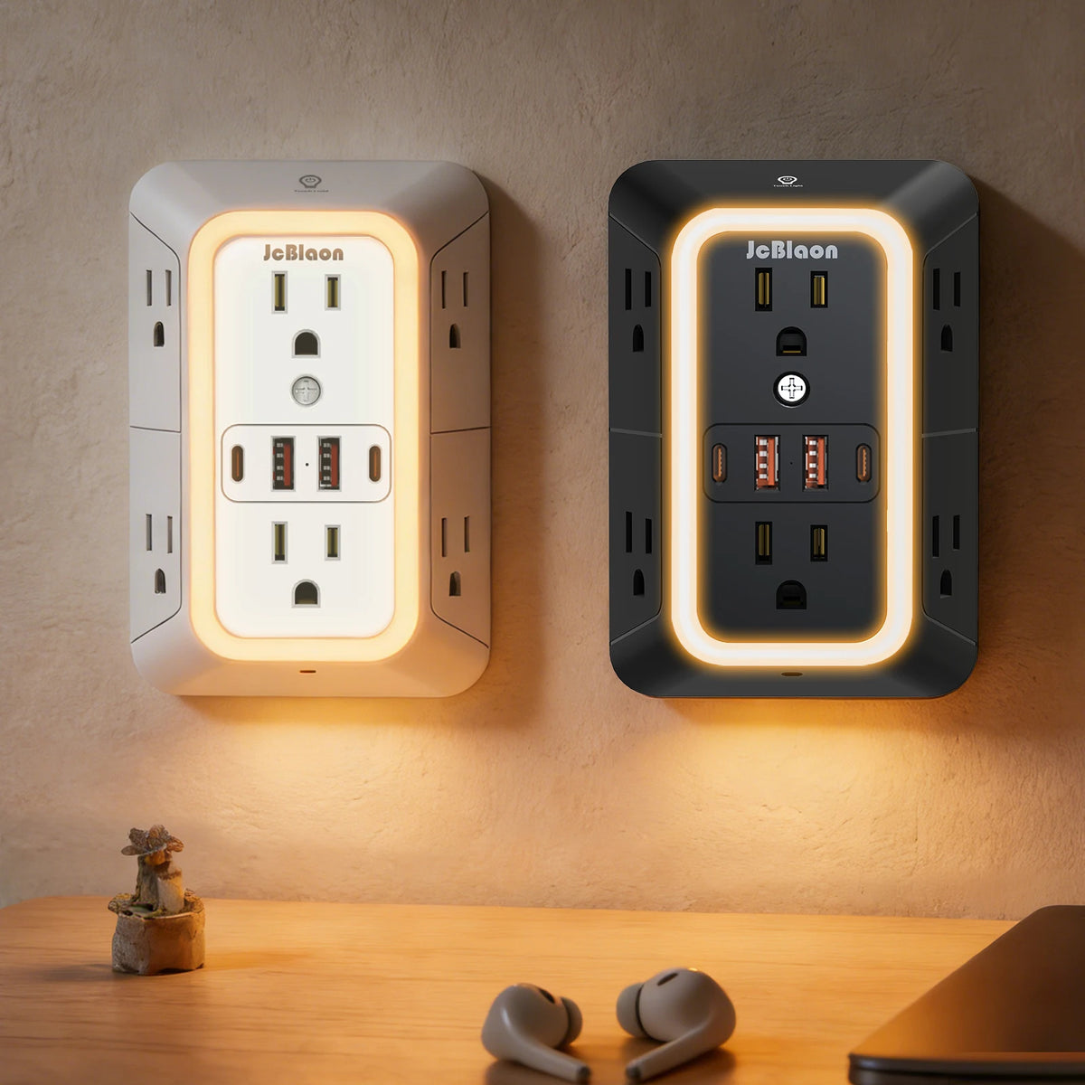 A wall charger with multiple sockets and USB ports is mounted on a wall, illuminated by a soft light.