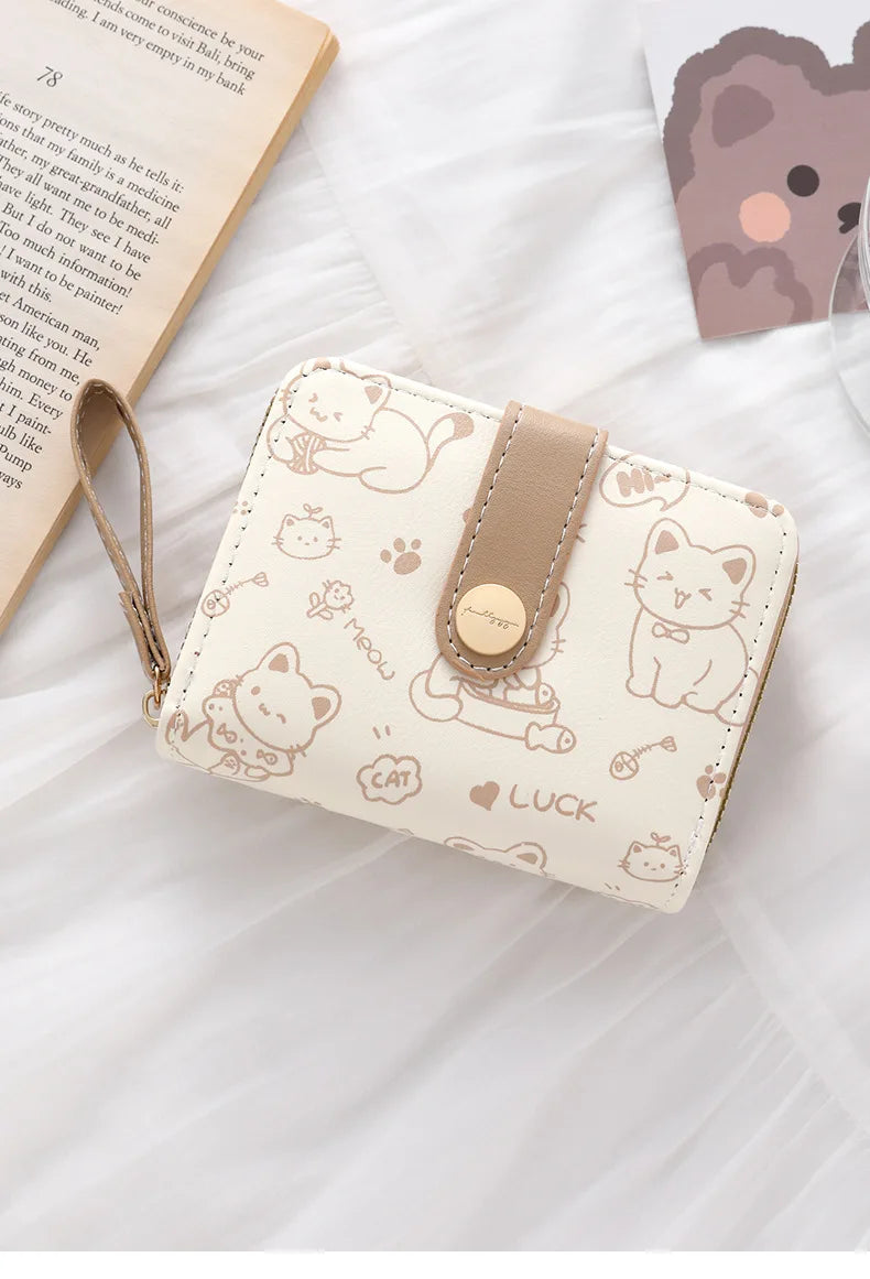Cute Cat Face PU Leather Coin Purse with Wrist Strap