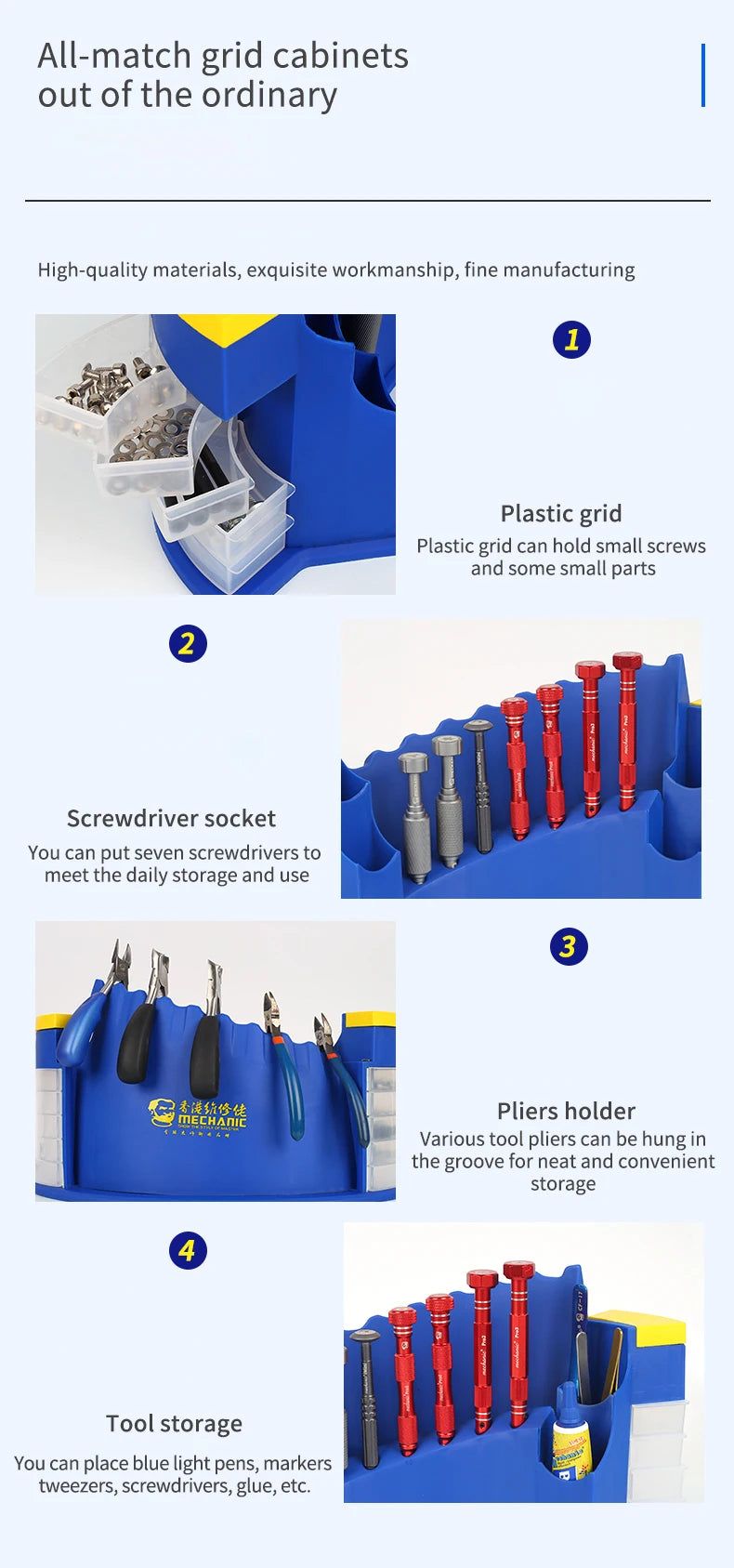 Blue plastic grid cabinets designed for storing small screws, parts, and various tools like screwdrivers and pliers.