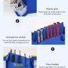 Blue plastic grid cabinets designed for storing small screws, parts, and various tools like screwdrivers and pliers.
