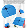 A blue and white stickerless puzzle cube is shown in various angles, highlighting its smooth surface.