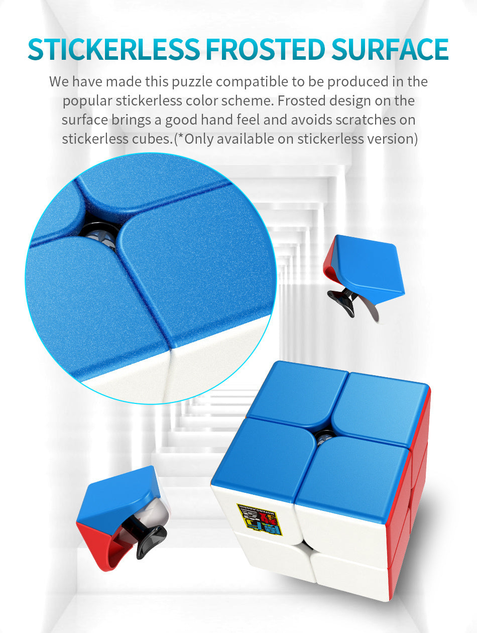 A blue and white stickerless puzzle cube is shown in various angles, highlighting its smooth surface.