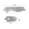 Silver stainless steel folding utility knife with a blade visible and dimensions marked.