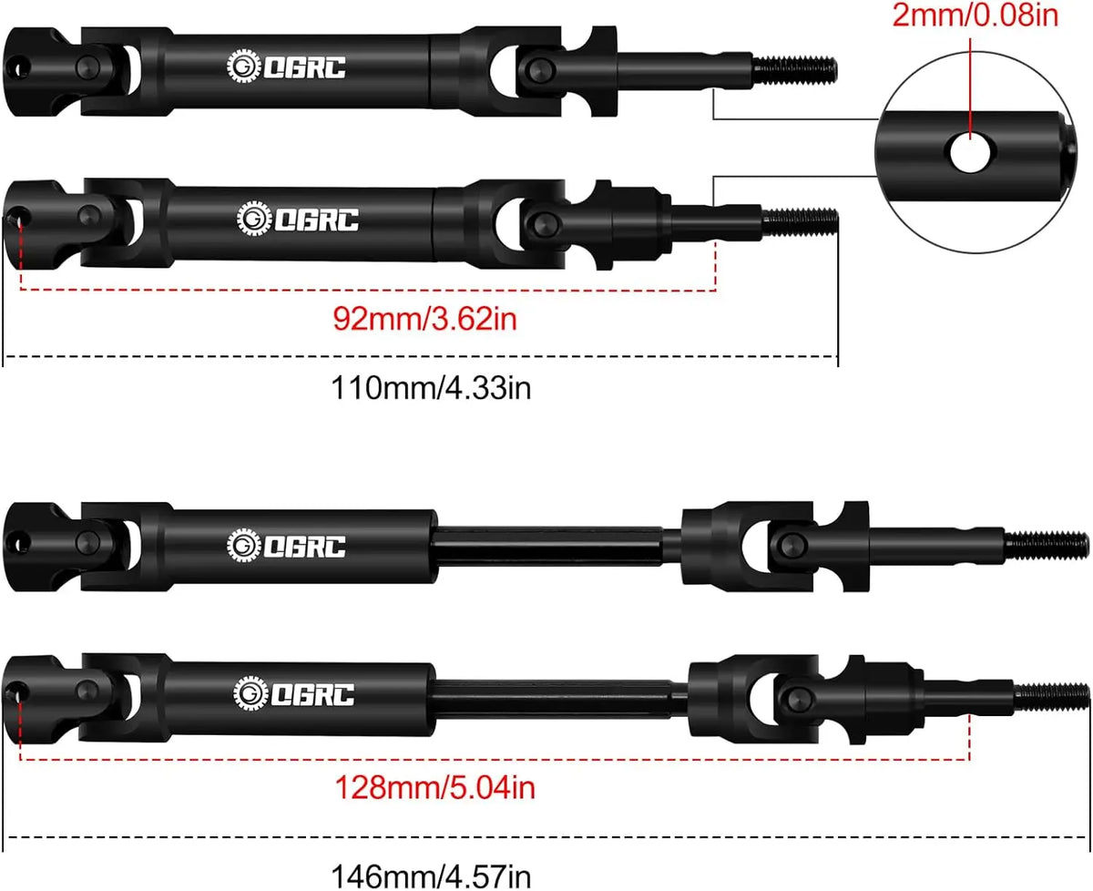 Three heavy-duty black steel CVD drive shaft sets of varying lengths and diameters for RC trucks