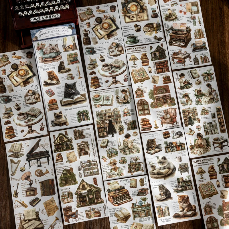 Sammlung von Retro-PVC-Transferstickern mit Vintage- und historischen Szenen zum Scrapbooking