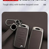 A close-up of a dark brown zinc alloy car key case cover with a leather strap and metal clip.