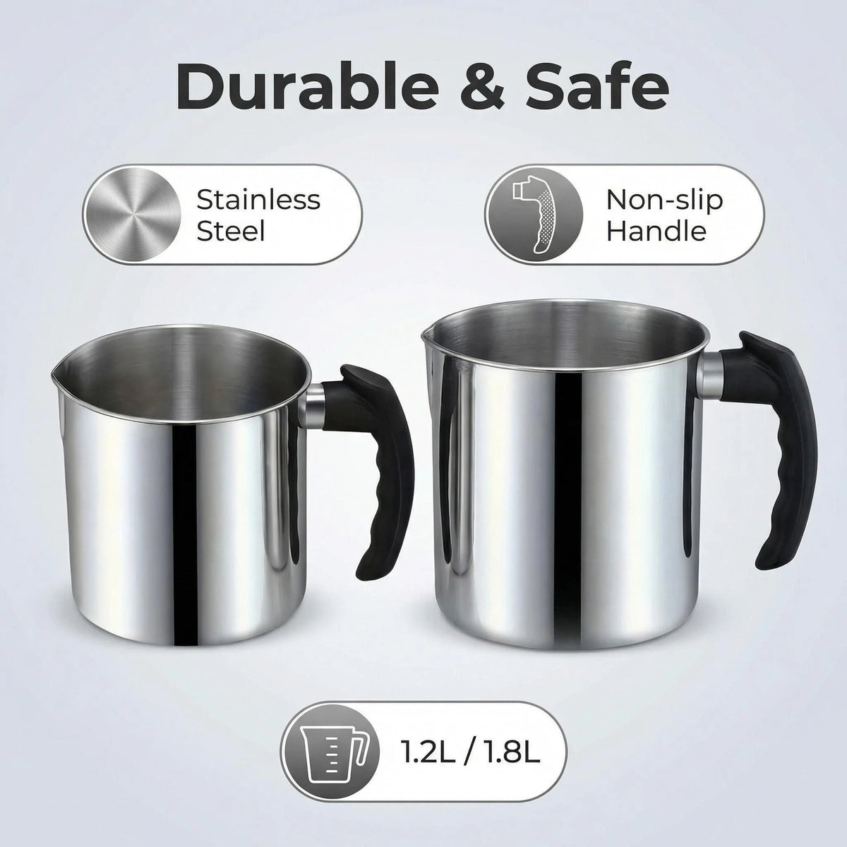 A pair of stainless steel wax melting pitchers with non-slip handles, labeled 1.2L/1.8L.