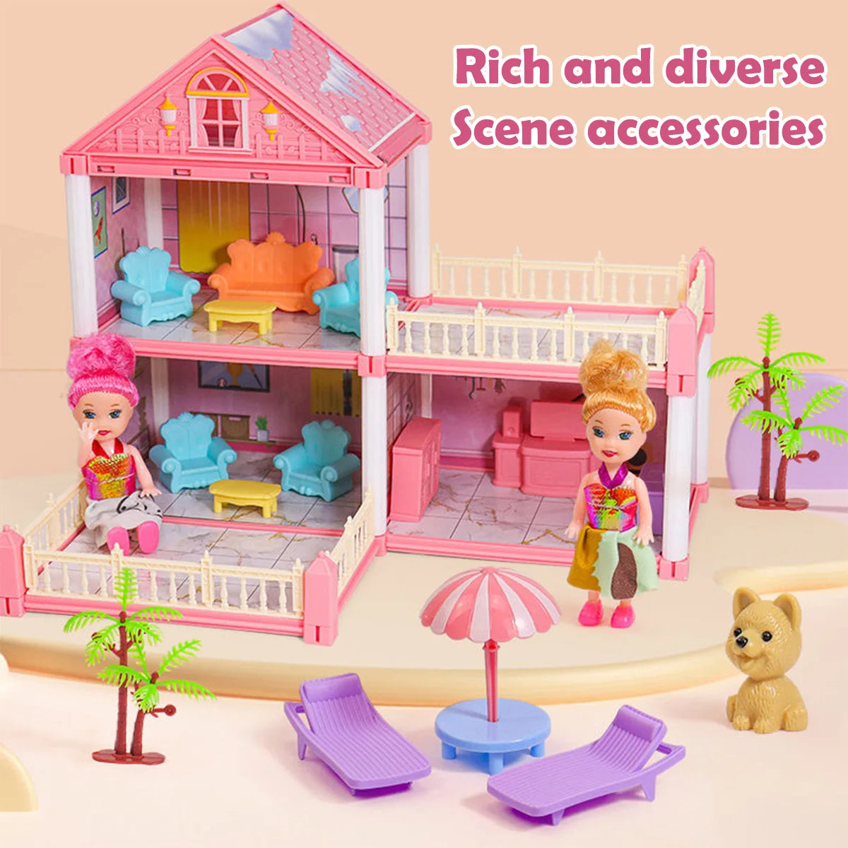 A pink dollhouse scene featuring a multi-story castle with interior furniture and exterior accessories.