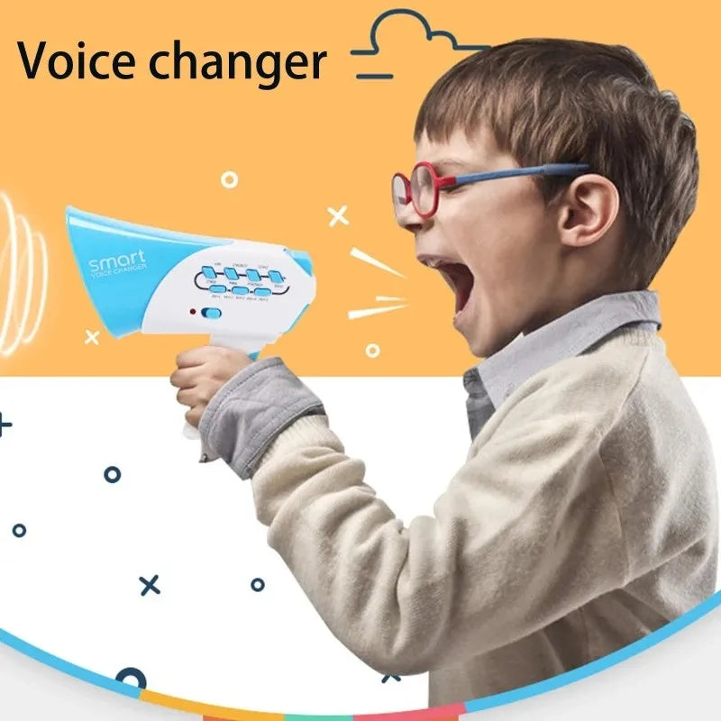 A boy is using a white voice changer megaphone toy to make a loud sound effect.