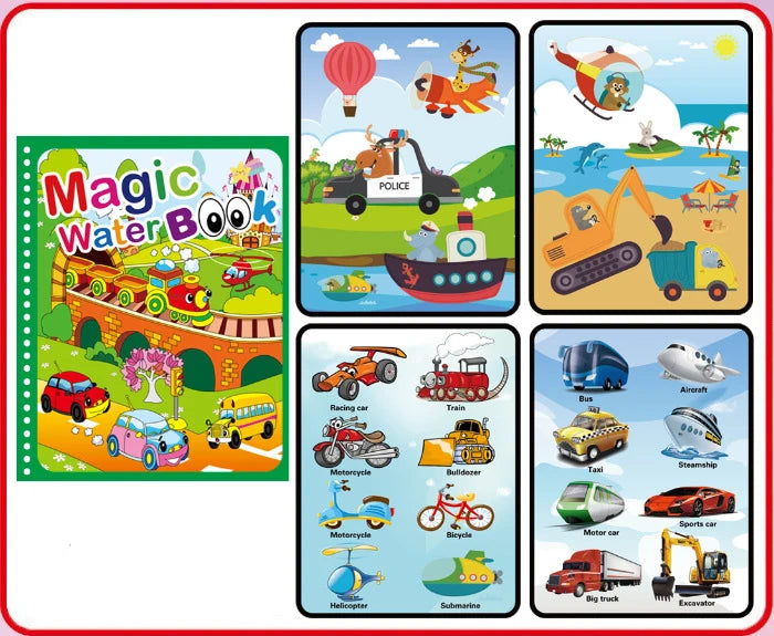 A set of reusable magic water drawing books featuring various vehicles like police cars, construction equipment, and boats.