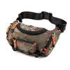 A dark olive green tactical chest bag with black straps and orange accents, shown from the side.