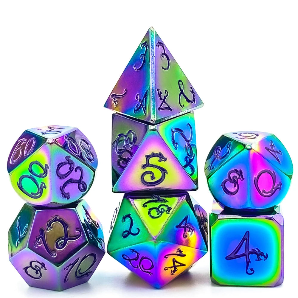 A set of seven metal polyhedral dice featuring a dragon font design in iridescent purple and blue colors.