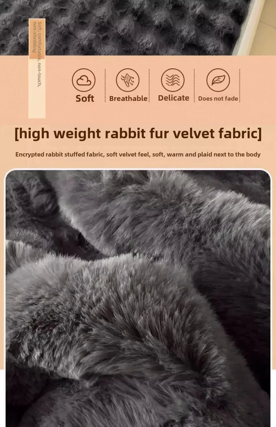 Close-up of dark gray rabbit fur velvet fabric texture and pile.