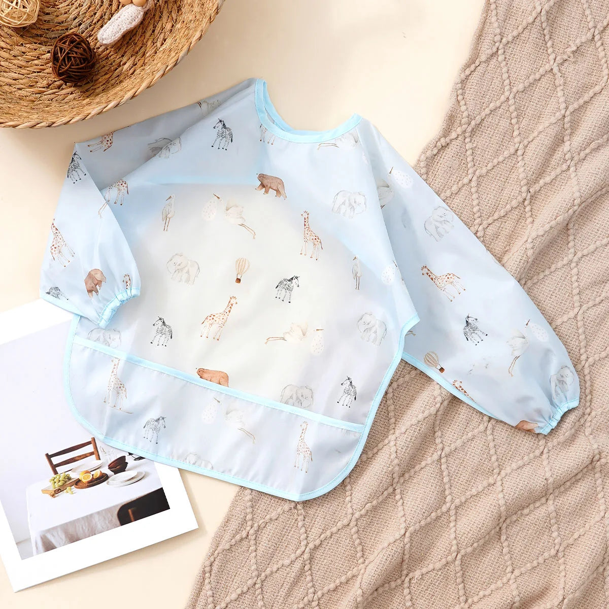 Waterproof Long-Sleeve Baby Bibs with Catch-All Pockets