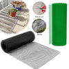 A set of flexible plastic wire mesh products including a green cylindrical roll, a black cylindrical roll, and a flat mesh sh