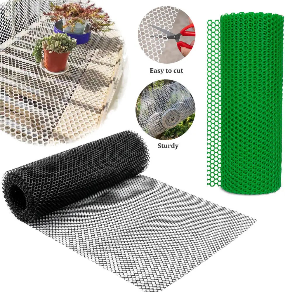 A set of flexible plastic wire mesh products including a green cylindrical roll, a black cylindrical roll, and a flat mesh sh