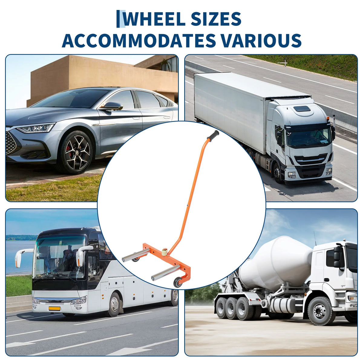 Heavy-duty adjustable tire dolly with a reinforced steel frame shown next to various vehicles.
