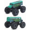 A green die-cast metal school bus pull-back toy with black tires and detailed graphics.