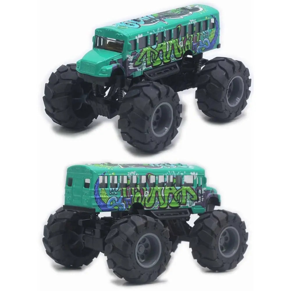 A green die-cast metal school bus pull-back toy with black tires and detailed graphics.
