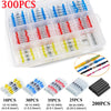 A clear plastic storage case holds various colored solder seal wire connectors categorized by AWG size and quantity.
