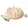 A wooden memory chess game featuring light-colored wooden pieces and colored discs on a circular board.