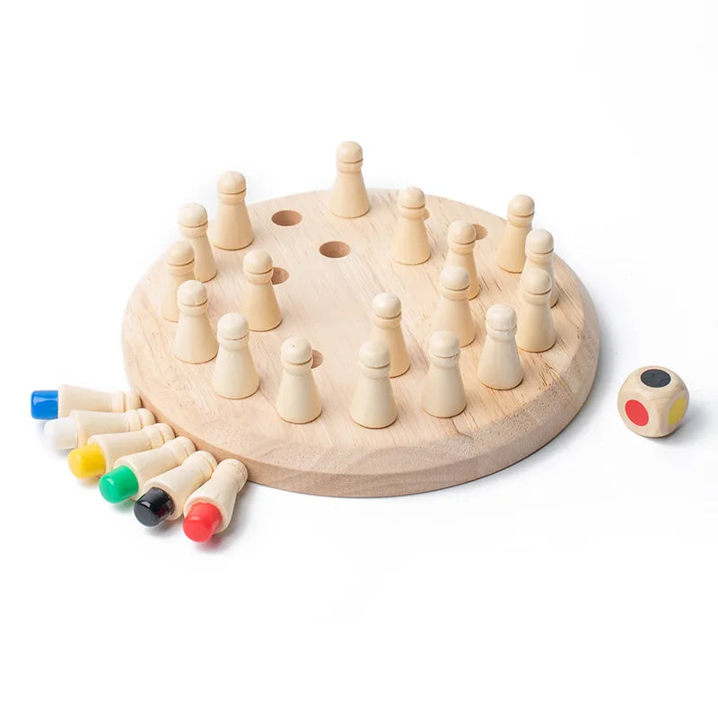A wooden memory chess game featuring light-colored wooden pieces and colored discs on a circular board.
