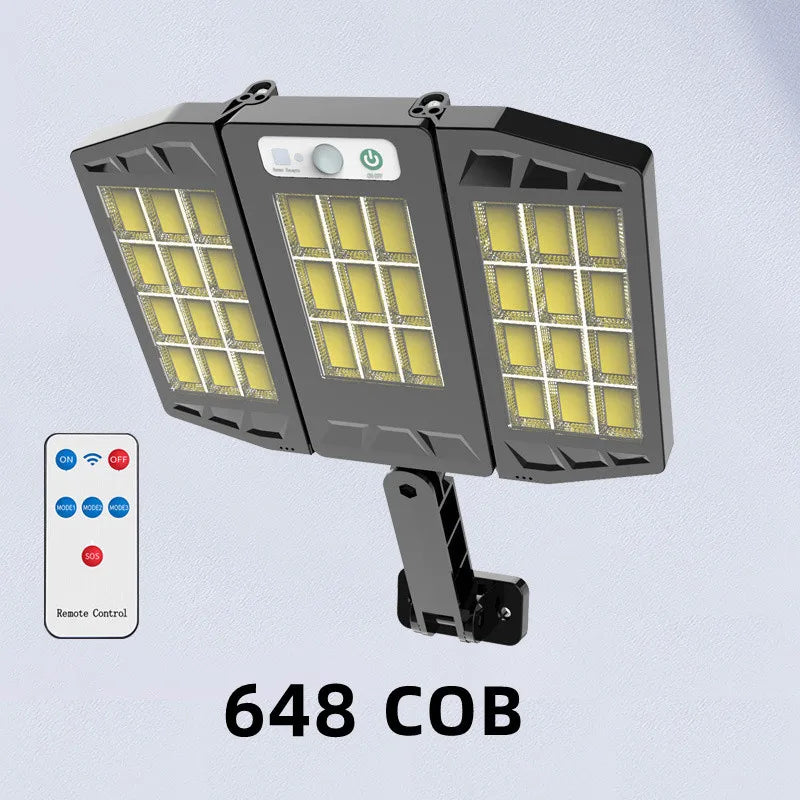 A black outdoor wall light fixture featuring 648 COB LEDs, controlled by a remote, mounted on a stand.