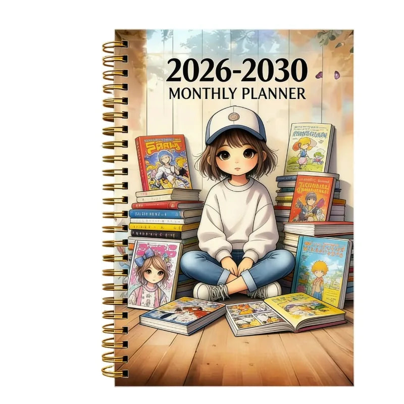 5-Year Monthly Planner with Reading-Themed Cover, Lay-Flat Spiral Binding