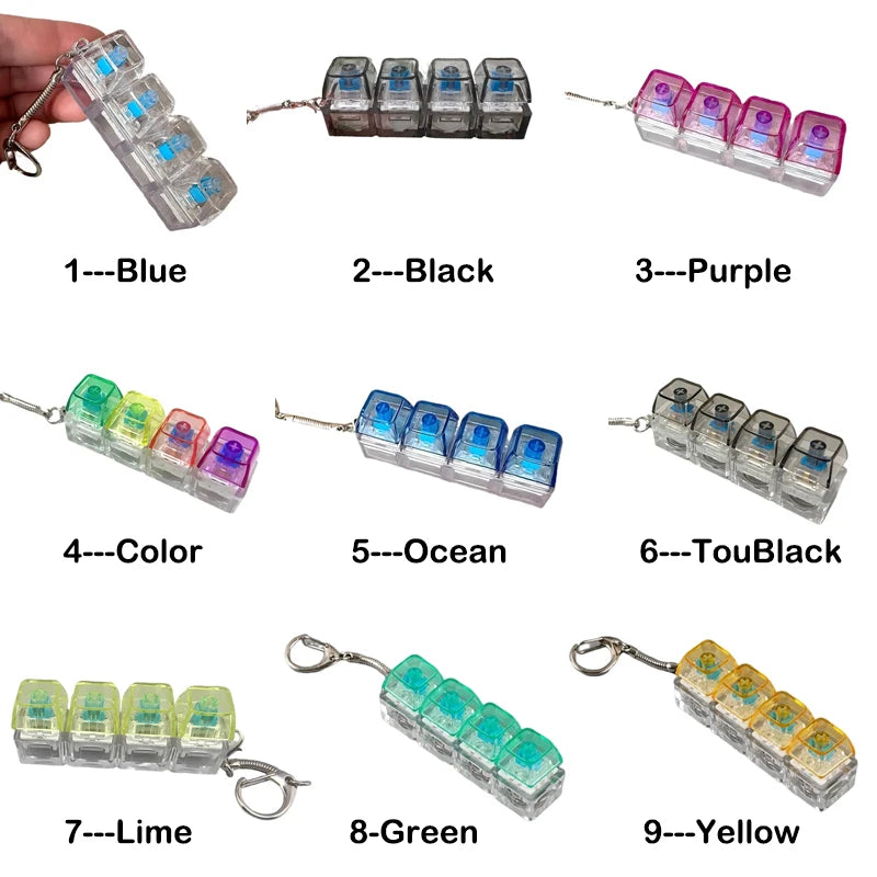 A collection of nine LED light-up keyboard keychains or fidget toys in various colors including Blue, Black, Purple, Color, O