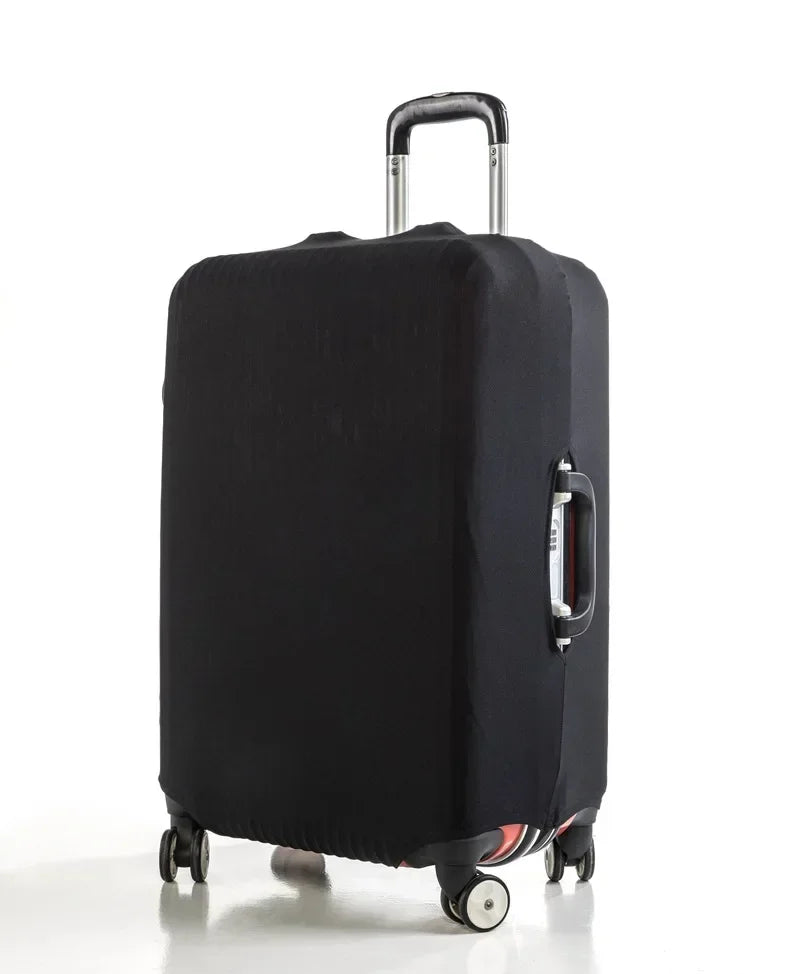 A black rolling suitcase with a silver handle and a protective cover attached.