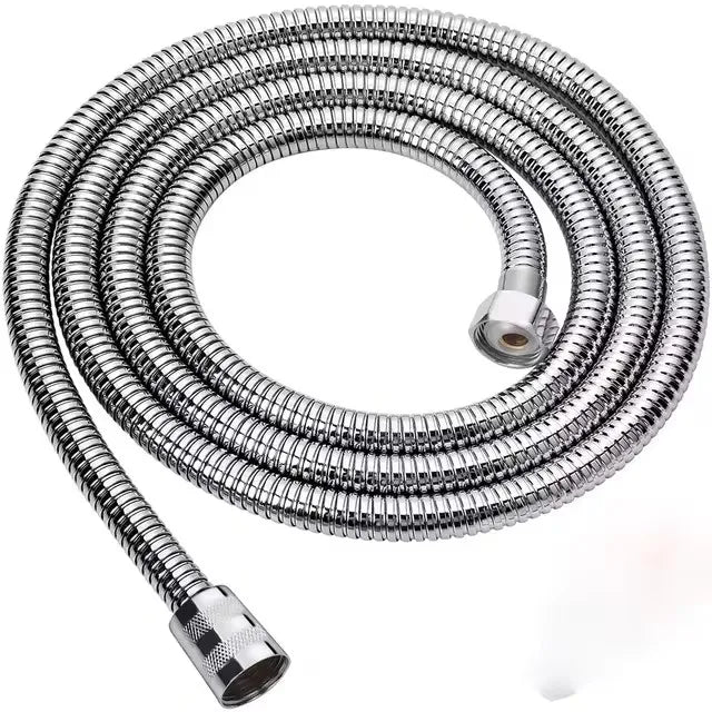 Silver coiled high-pressure rainfall shower head with a flexible hose.