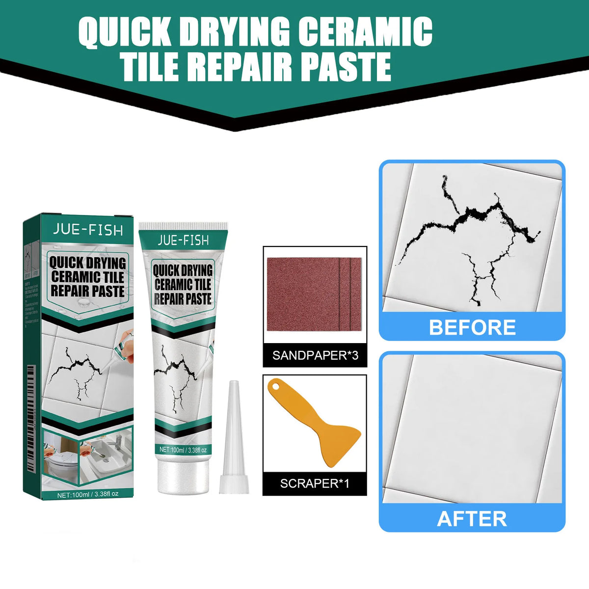 A product display showing a tube of quick drying ceramic tile repair paste, sandpaper, and a scraper used for tile crack repa