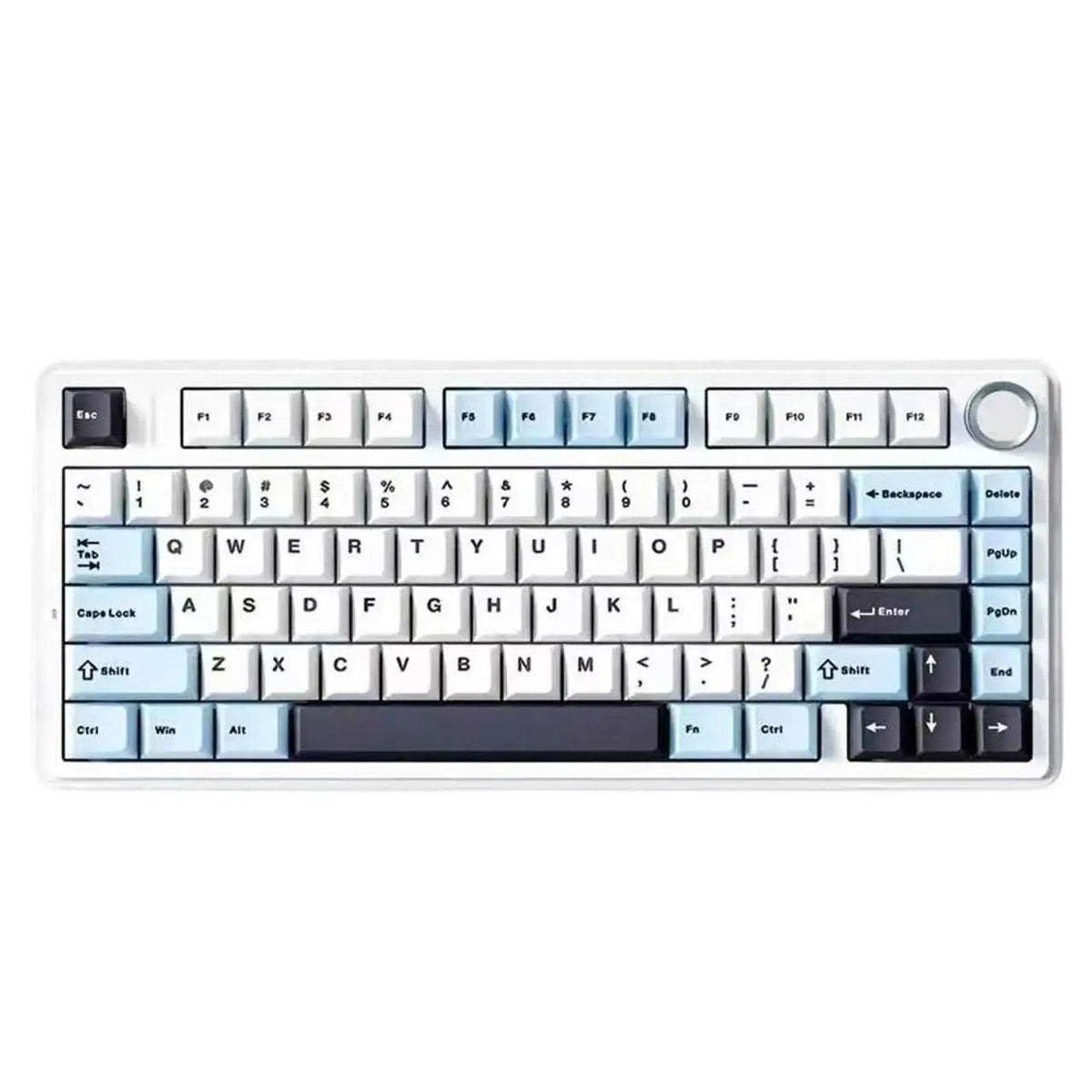 A white mechanical keyboard with a full layout and various function keys is shown.