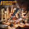 A person uses an EASY cordless mini rotary tool kit for precision engraving and polishing on wood.