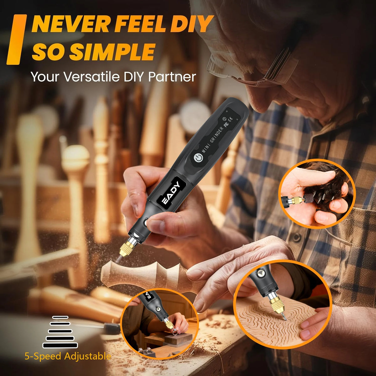 A person uses an EASY cordless mini rotary tool kit for precision engraving and polishing on wood.