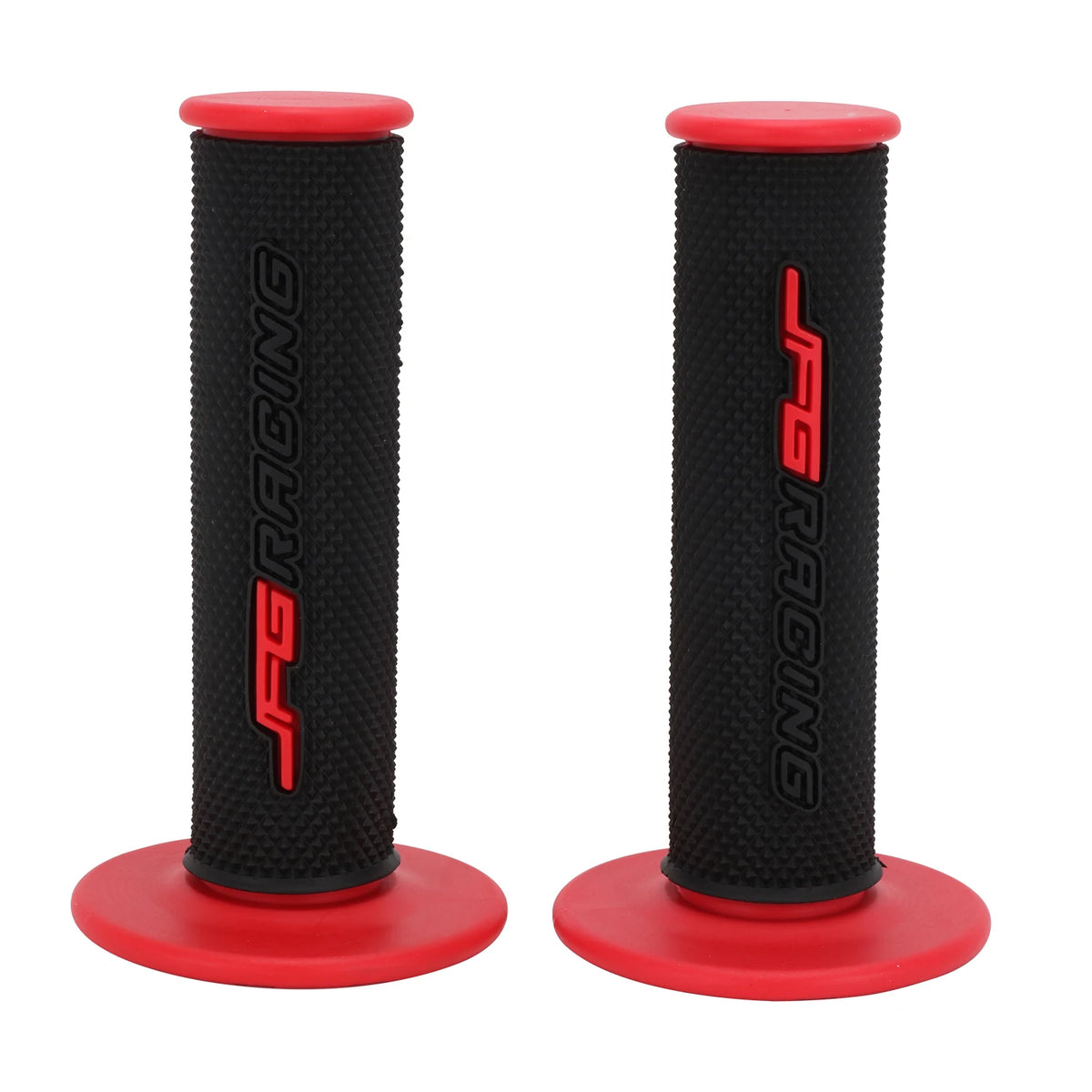 A pair of red and black aluminum motorcycle handlebar grips with rubber coating.