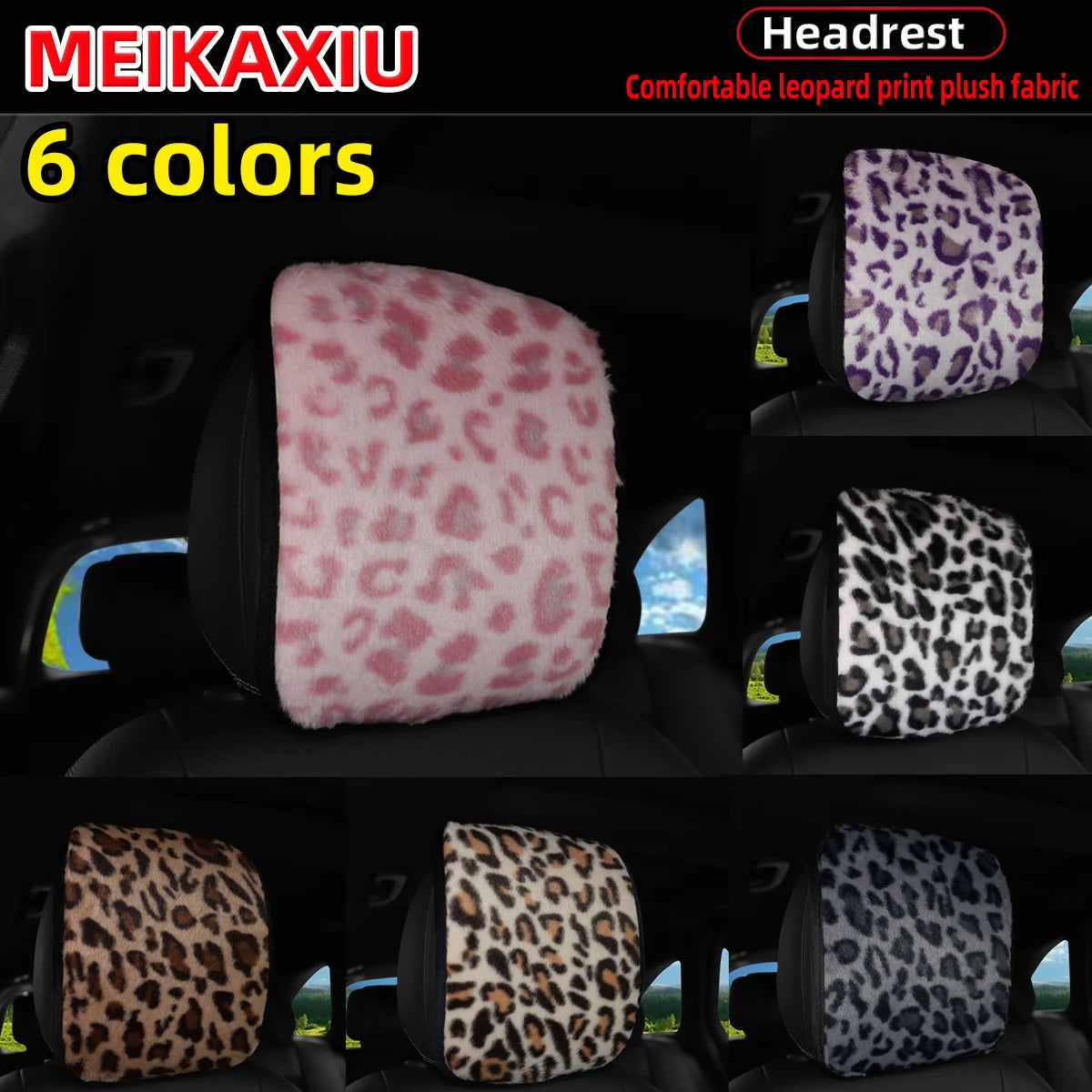 Leopard Print Plush Car Headrest Cover, Set of 2