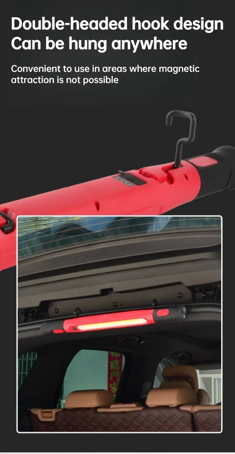 A red magnetic rechargeable work light with a hook is shown mounted on a car's interior panel.