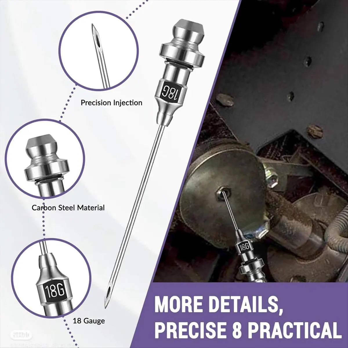 A precision injection tool featuring a carbon steel material, 18 gauge needle, and an 18G adapter for grease guns.