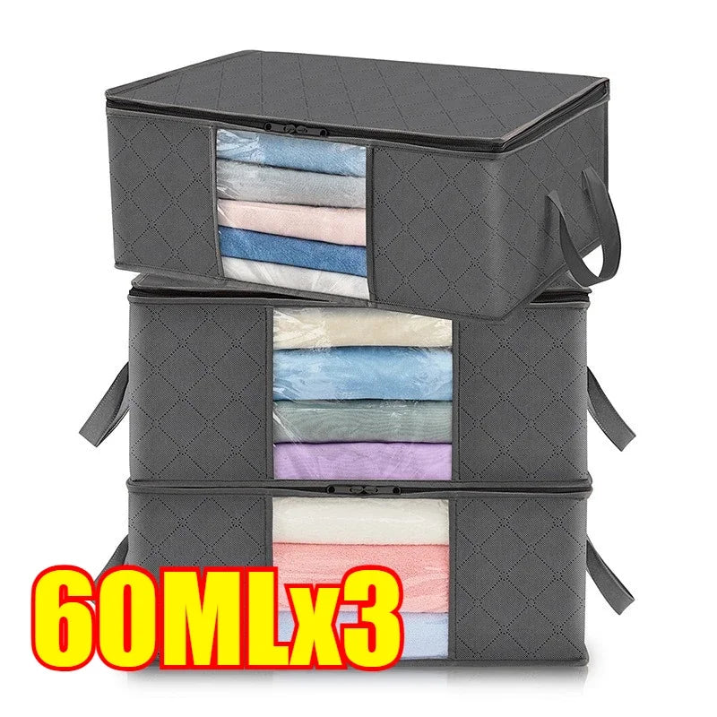 Three gray foldable storage bags with transparent windows stacked together