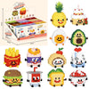 A collection of cute micro building blocks dessert figurines featuring various foods like pizza, ice cream, and fruit.