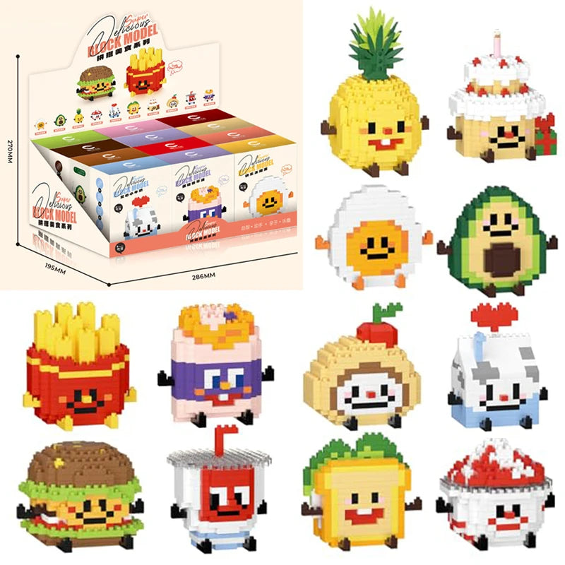 A collection of cute micro building blocks dessert figurines featuring various foods like pizza, ice cream, and fruit.