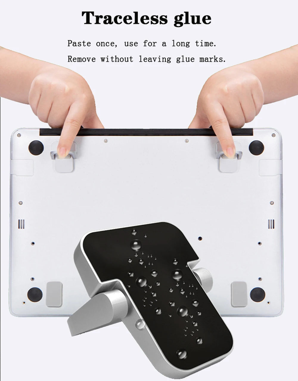 A white aluminum portable laptop stand is shown being used to hold a laptop, demonstrating its traceless glue feature.