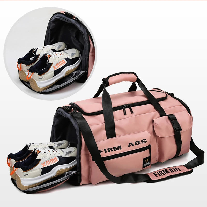 Pink tactical nylon backpack with black straps and a pair of athletic shoes shown in an inset.