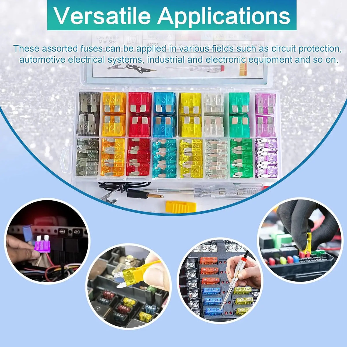 Assorted fuses kit with puller and circuit tester for various electrical applications