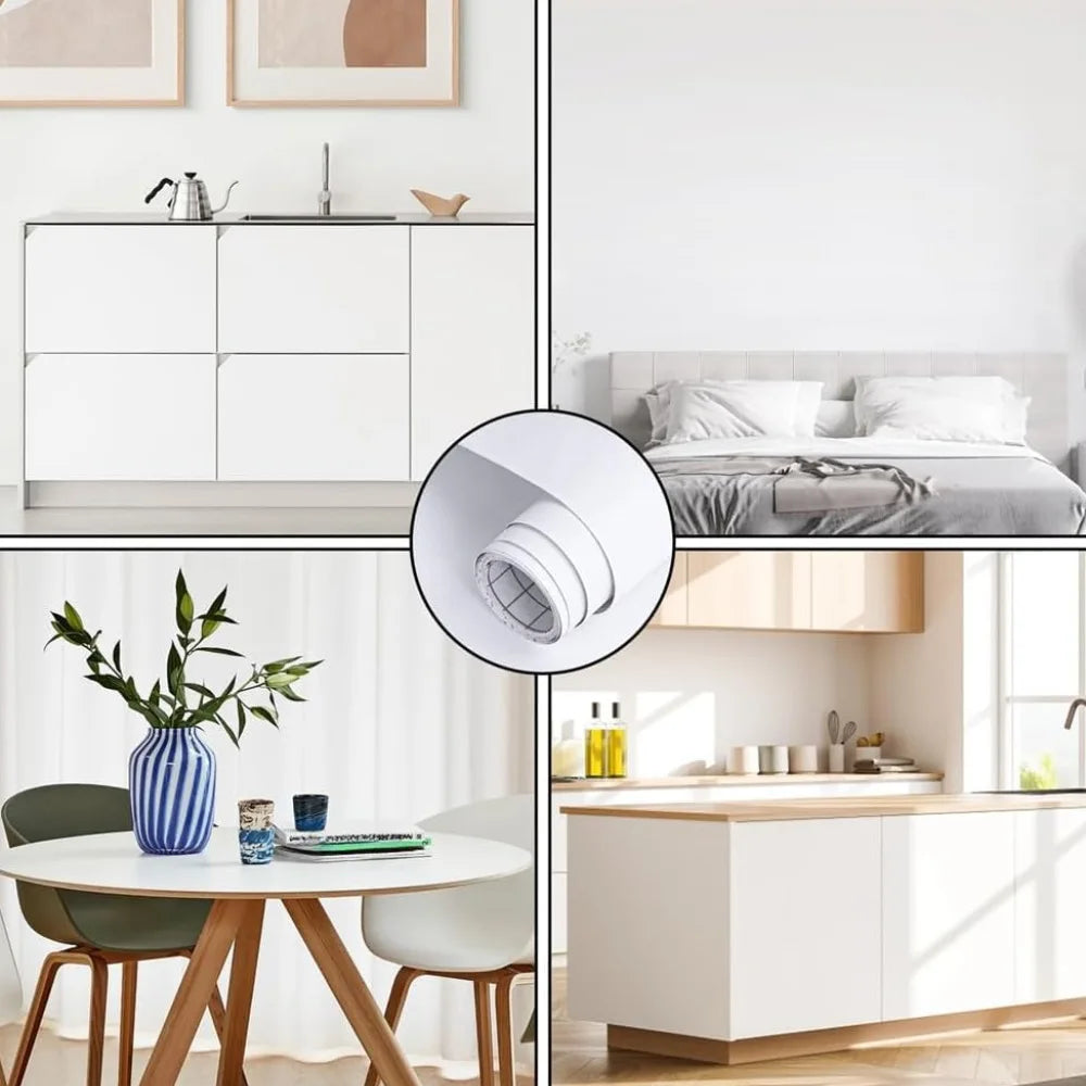 A self-adhesive peel-and-stick wallpaper roll is shown next to a modern kitchen and bedroom setting.