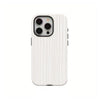 A light beige phone case with vertical stripes protecting an iPhone, featuring a camera module on the back.