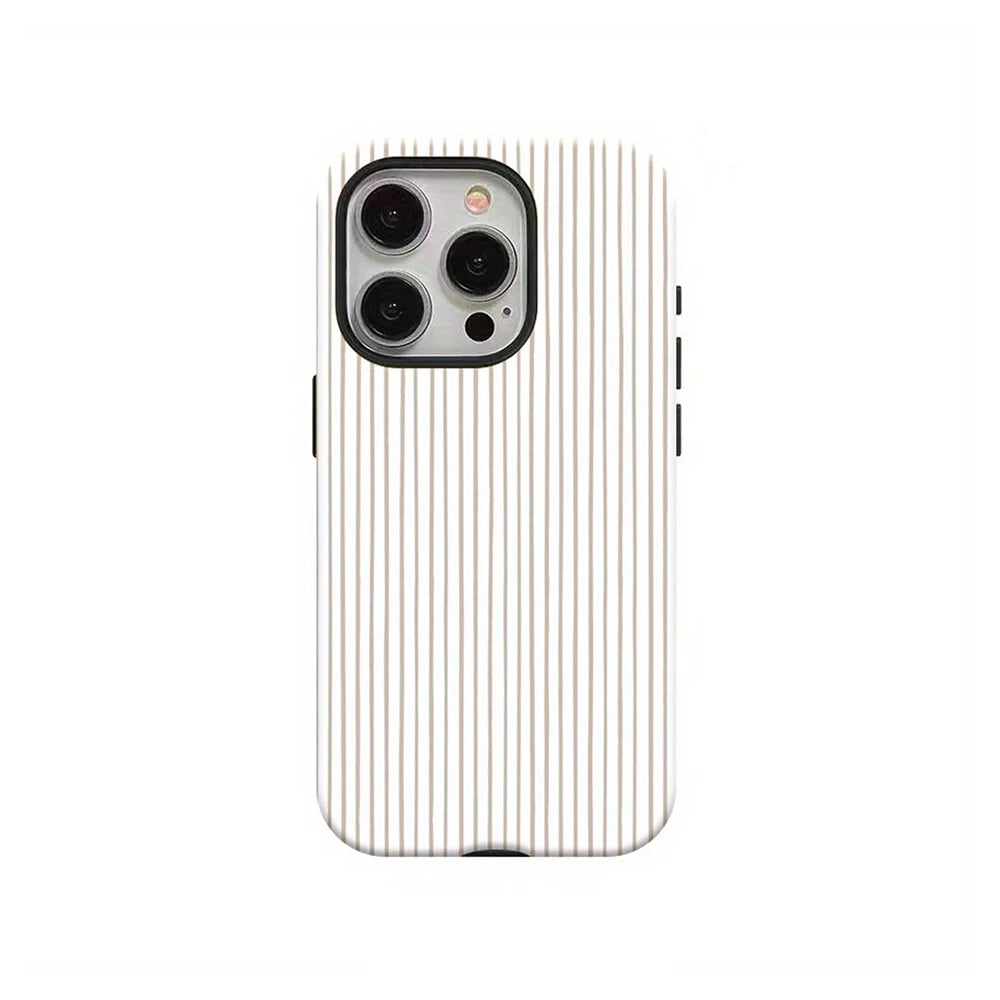 A light beige phone case with vertical stripes protecting an iPhone, featuring a camera module on the back.