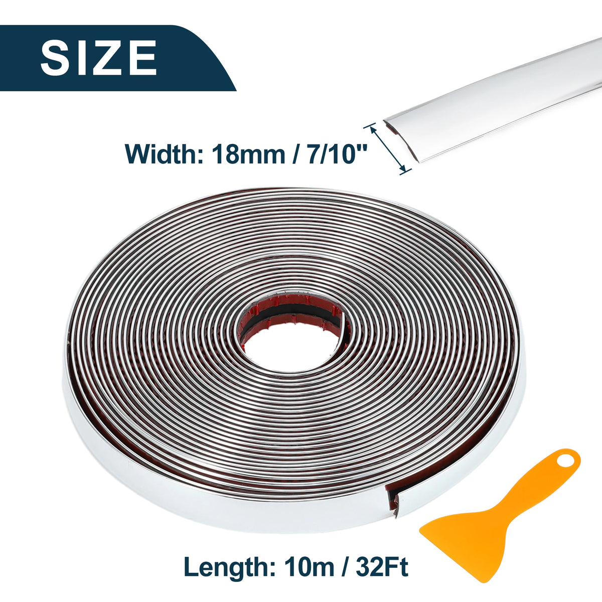 Roll of chrome car door edge guard trim strip with a 18mm width and 10 meter length