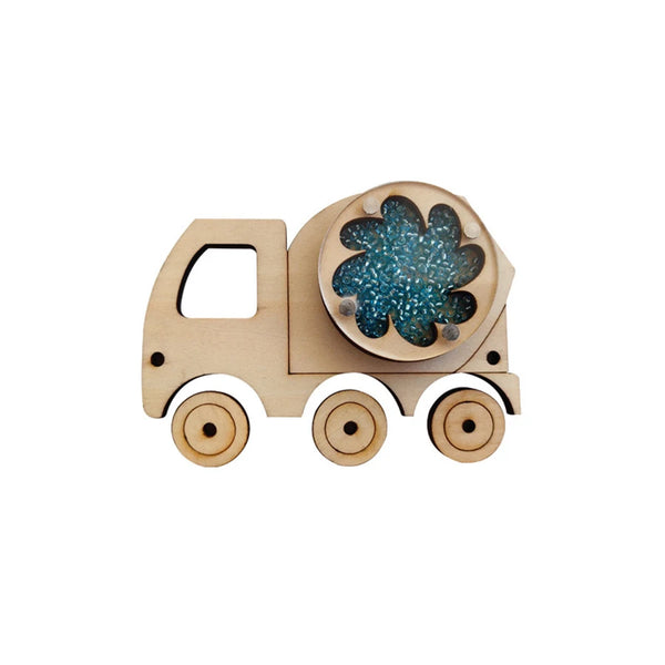 Wooden Montessori busy board shaped like a truck with a wooden wheel and a blue glitter insert.